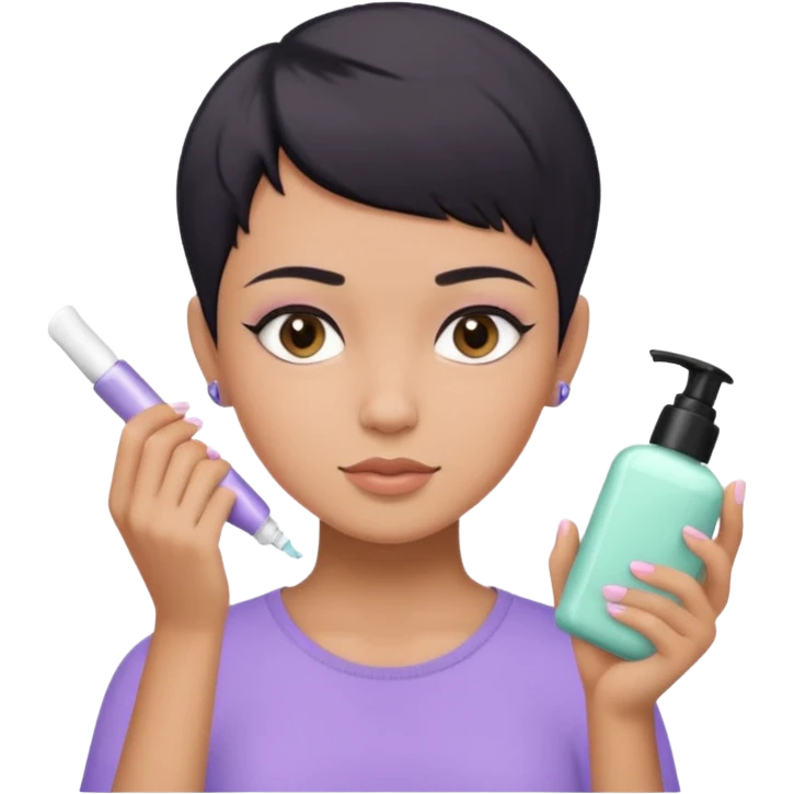 tan girl with pastel purple shirt with black hair & a pixie, doing her skin care emoji
