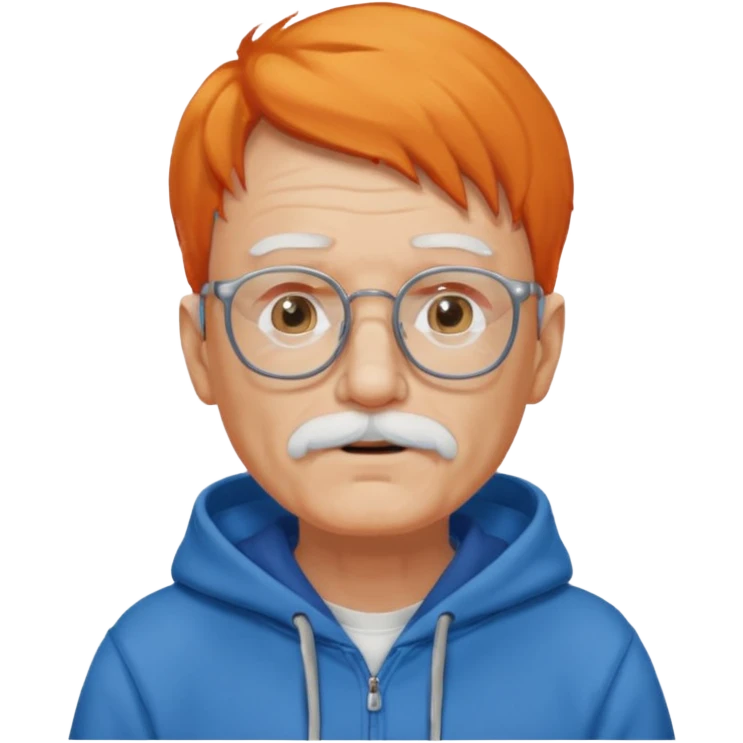 old man, orange hair, white mustache, wearing glasses, wearing a blue hoodie emoji