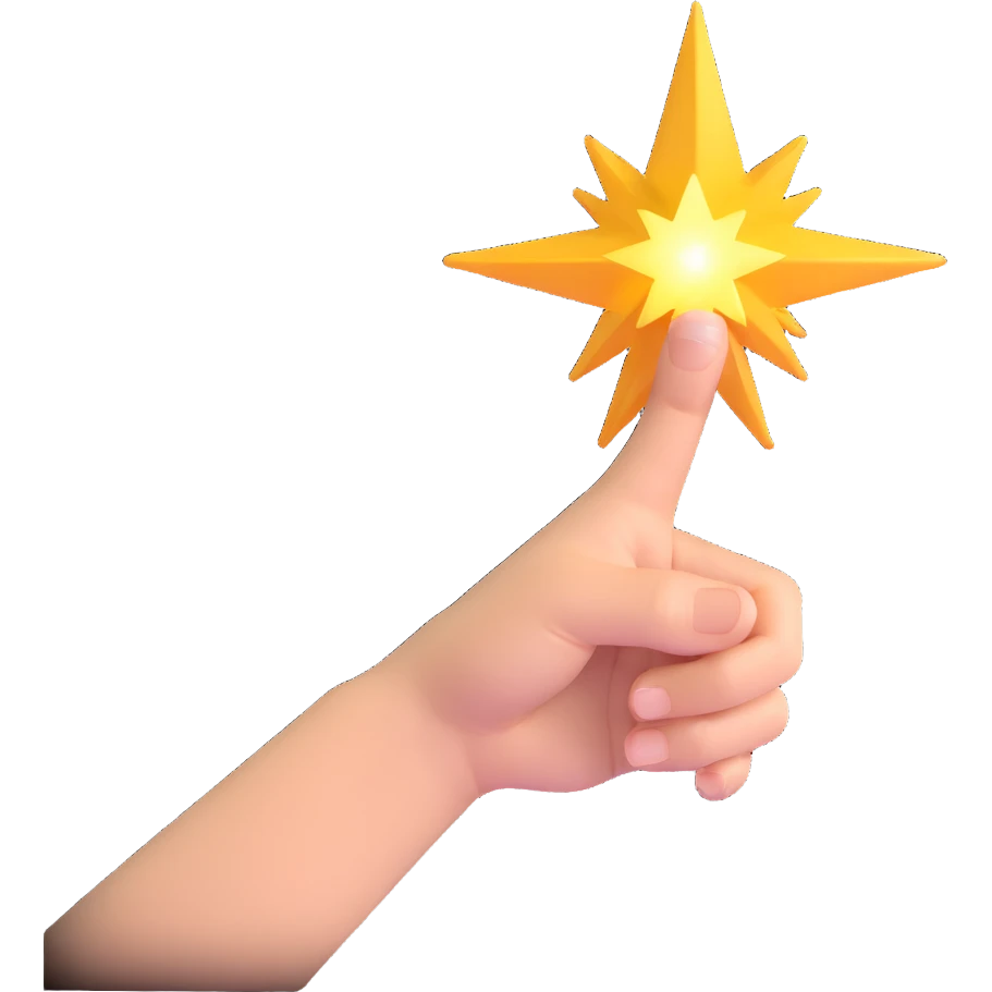 wizard hand pointing outward with a radiant star or light at the fingertip, no text emoji