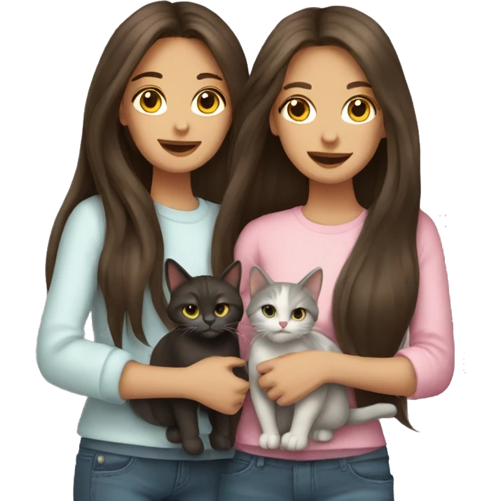 Two long hair brunette girls and two cats in their hands emoji