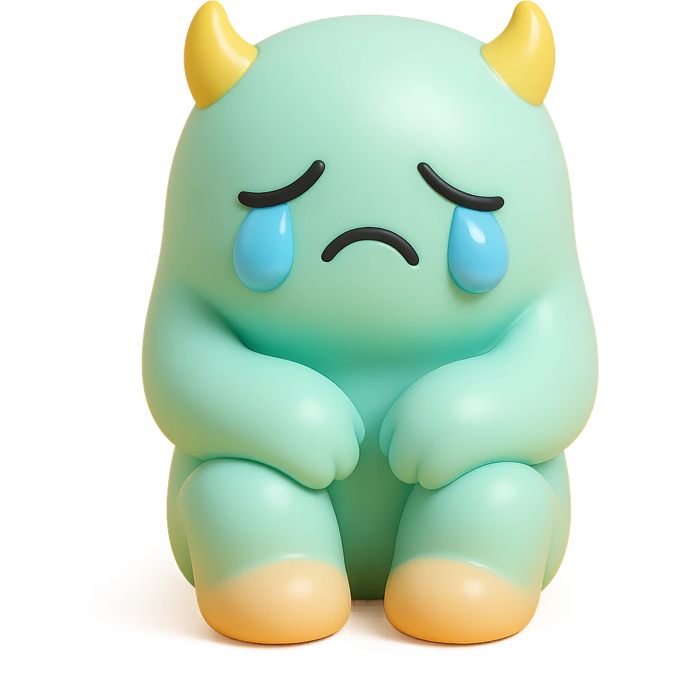 sad monster sitting with its knees up, crying, small horns, pastel color palette, no background, vinyl figure style emoji