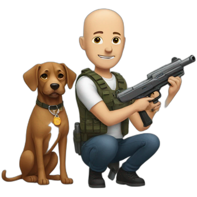 bald man with a gun and a dog emoji