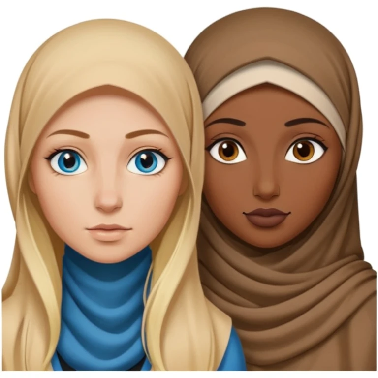 white girl with long blonde hair, blue eyes, tattoos, a septum nose piercing next to a dark skinned woman in a hijab with brown eyes emoji