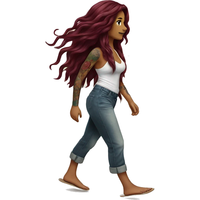 Beautiful tattooed  burgundy long haired woman walking on the beach emoji