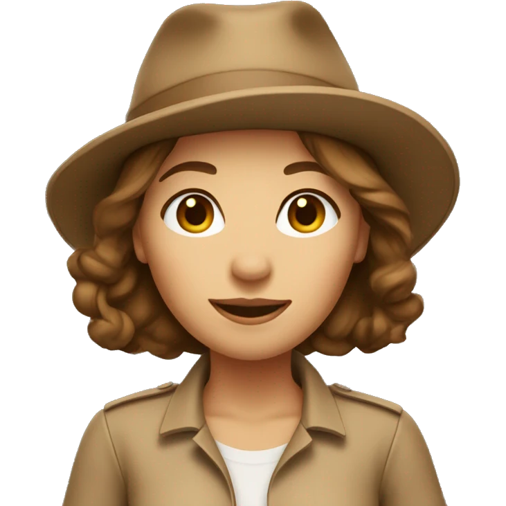 the woman wears light brown clothes, has brown hair, wears a light brown hat emoji