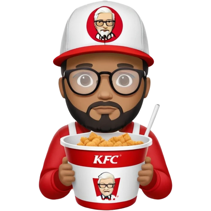 BBNO$ rapper sitting in a KFC bucket, glasses, beard, snapback cap emoji