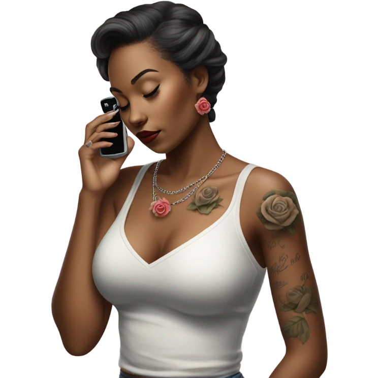 Hyper Realistic beautiful woman model with a small rose tattoo talking on a phone  emoji