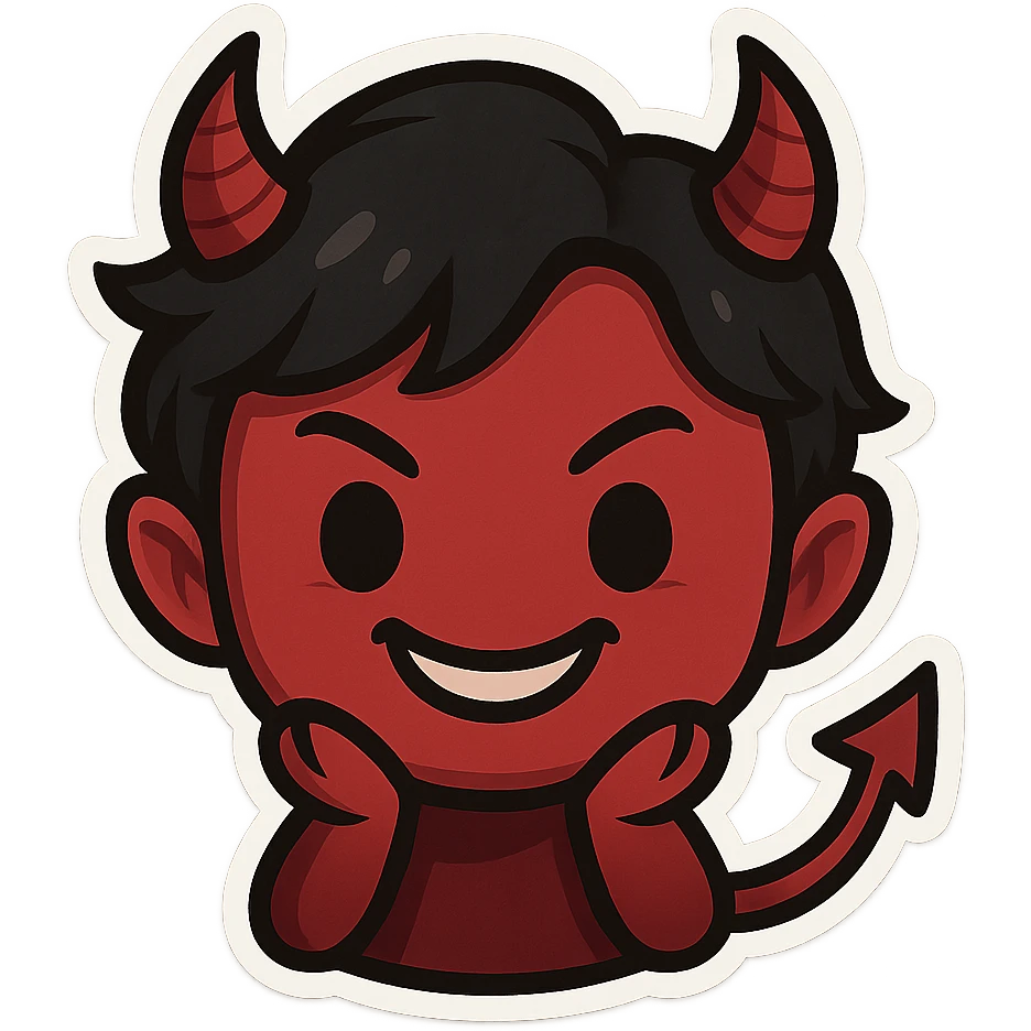 devil emoji in chibi style with gothic palette black and red, small horns, mischievous grin emoji
