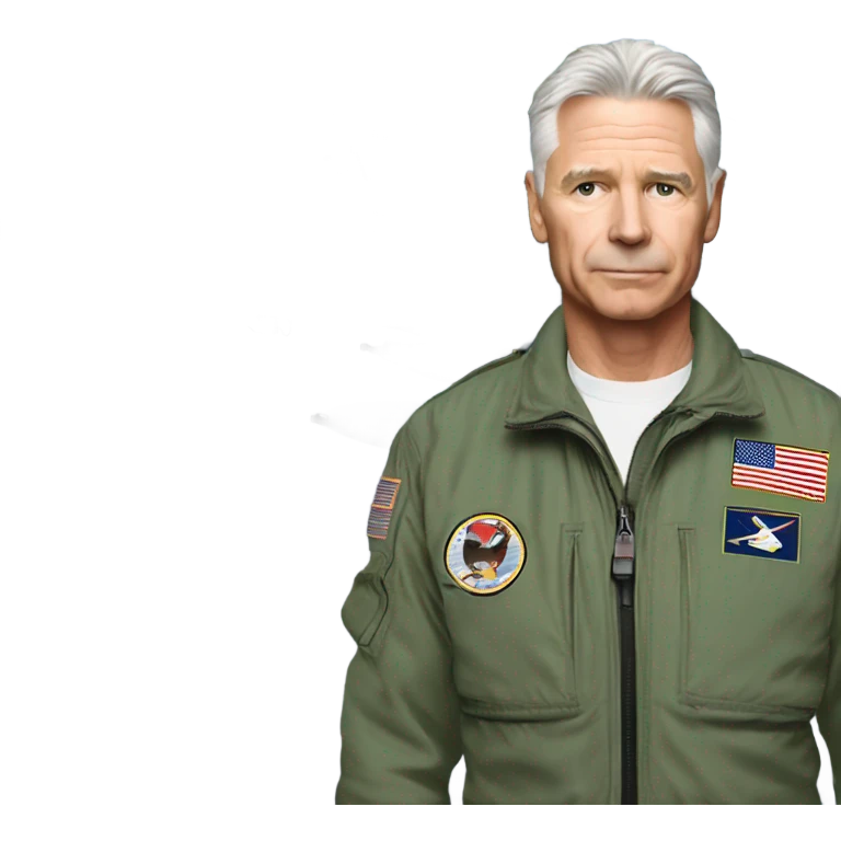 Older white fighter pilot standing beside F-16 emoji
