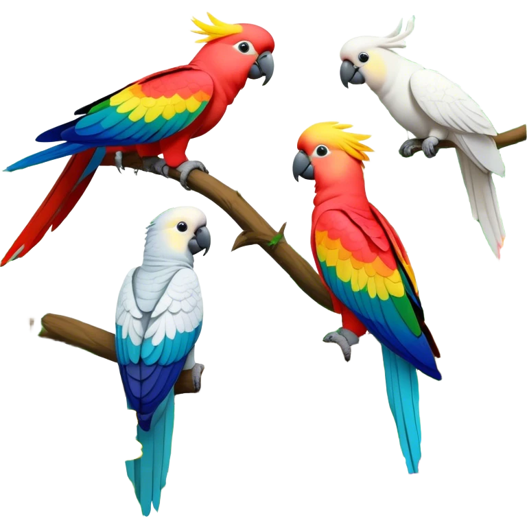 Close-up collage of vibrant Ara parrots and Inca cockatoos sitting on tree branches, surrounded by lush greenery. Bright colors of the birds stand out against a natural, sunny background of trees and flowers. Transparent background. emoji