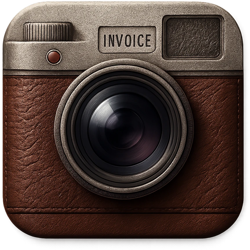 skeuomorphic app icon for an invoice app, designed as a vintage camera with leather and metal details, realistic textures, rich materials, tactile three-dimensional look emoji