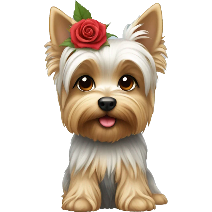 White yorkie holding a rose emoji