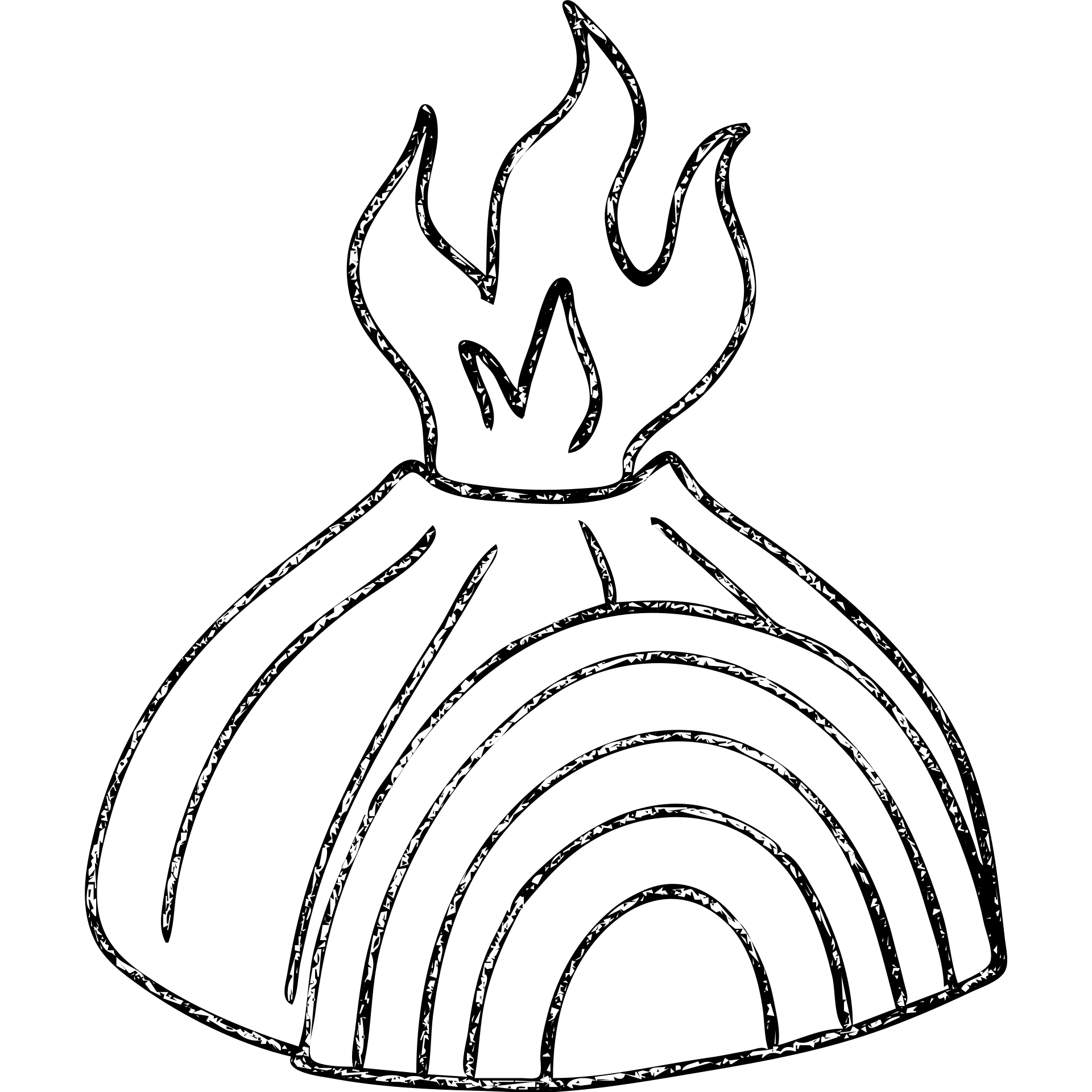 hand-drawn outline of a sliced onion volcano with fire at the top emoji