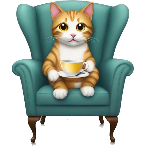 cat drinking tea looking at camera sitting in a chair emoji
