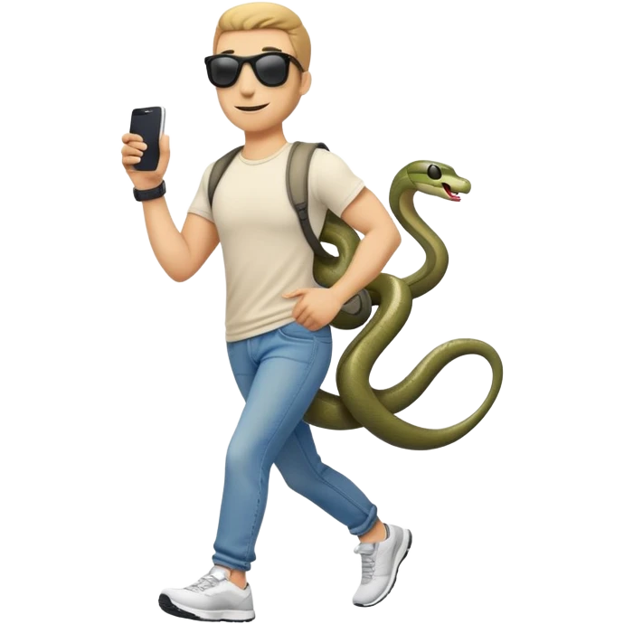 friendly anthropomorphised snake in jeans and a t-shirt, wearing dark sunglasses, jogging upright in standard pose emoji