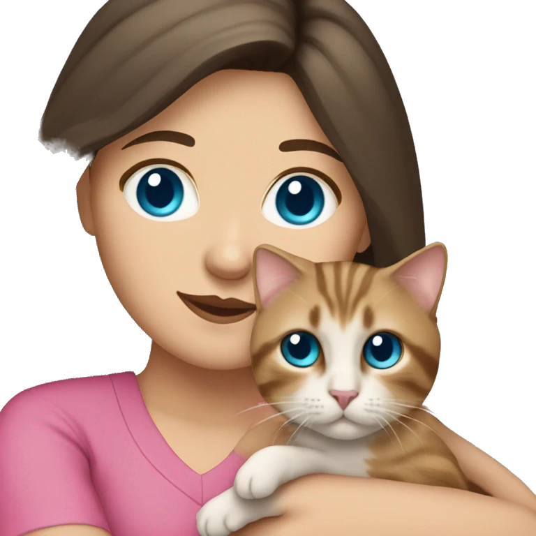 White woman with blue eyes and long dark hair wearing a pink shirt and holding a tabby cat emoji