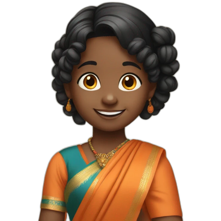 smiling and pointing 3 years old dark skin indian girl with black curly hair in pigtails wearing a orange saree emoji