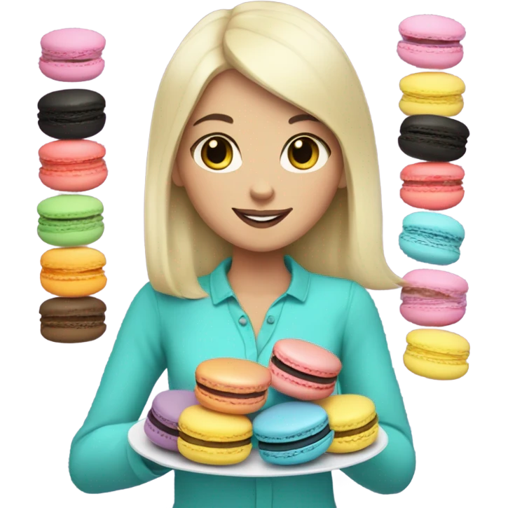 White girl with black hair holding a plate of macarons emoji