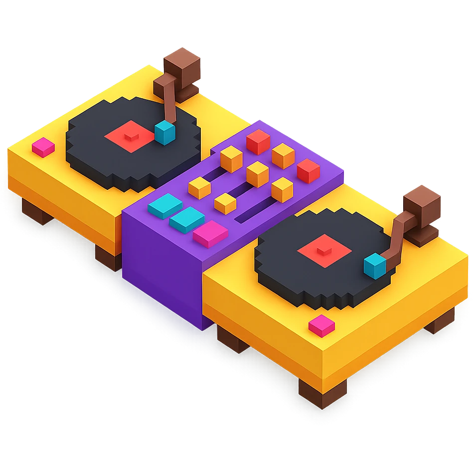 DJ turntables with glowing buttons and a retro vibe emoji