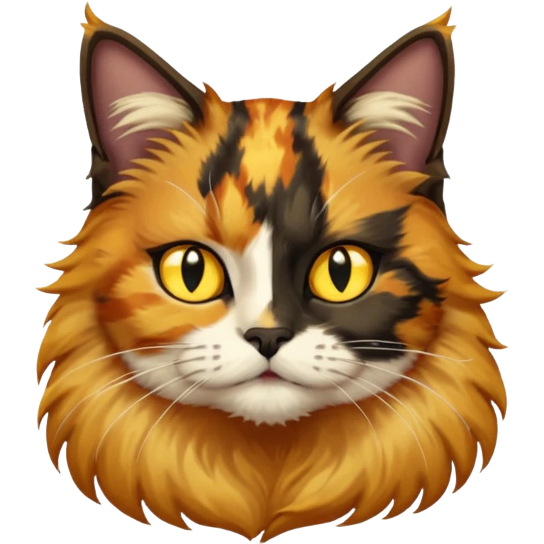 long hair tortoiseshell cat with a black face, white beard and yellow lightning mark above left eye emoji