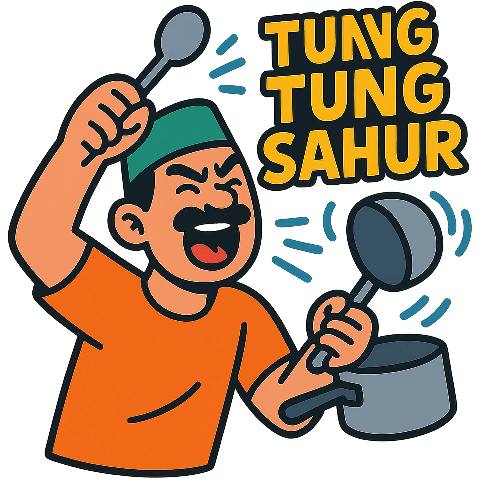 funny meme emoji of a man banging a pot with a spoon, shouting 'tung tung tung sahur', energetic and playful, suitable for Ramadan morning wake-up, vibrant cartoon style emoji