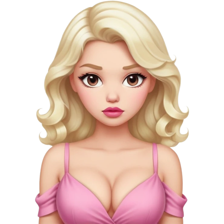 gorgeous woman with platinum wavy blonde hair with big puffy pouting lips, wearing a pink dress with cleavage emoji