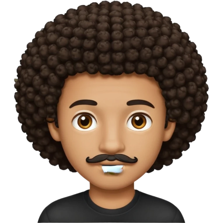 teen-boy, Afro curly dark brown hair, brown eyes, black shirt, thin trimmed mustache, not bushy or thick  emoji