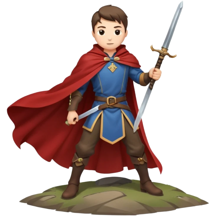 Character leaning on a sword stuck in the ground, wind whipping cape emoji