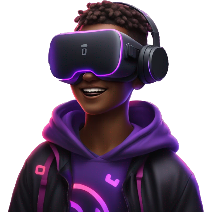 Happy student wearing a black hoodie with "OMG" letters on it and VR headset oculus quest 2 in a cyberpunk VR environment with violet neon lighting. emoji