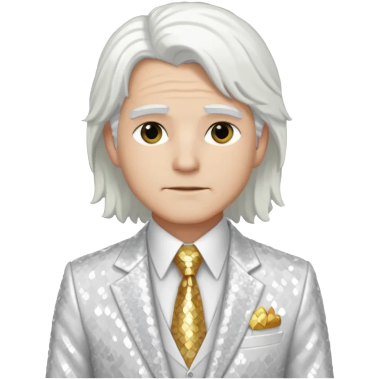 Jehovah from Christian Mythology with long white hair, white sequin suit jacket and tie, white shirt emoji
