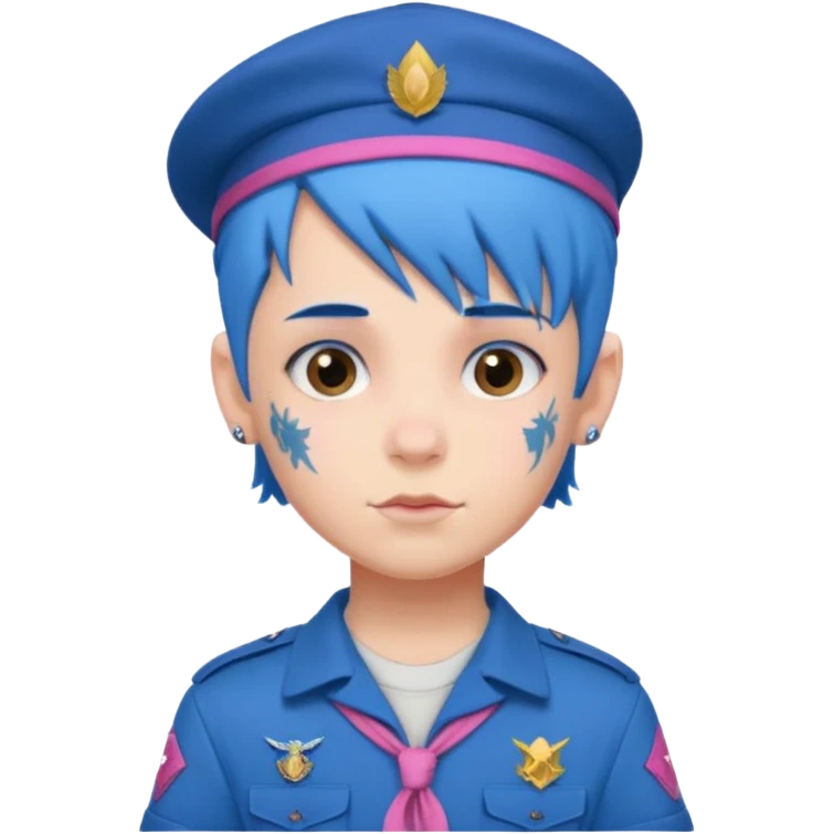 scout boy with very pink scout uniform, blue haired and hat, tattoed emoji