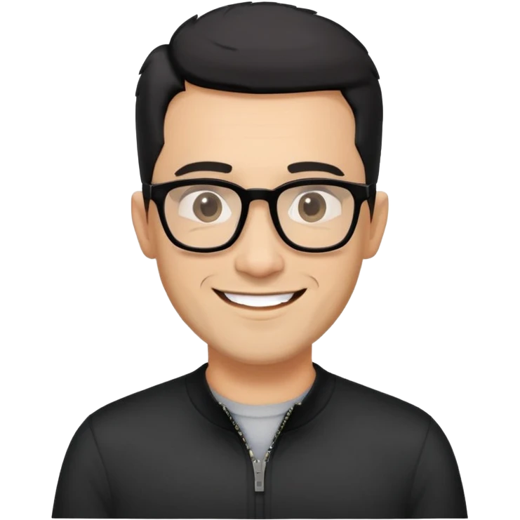 Light-skinned man with extremely short black hair, short clearly graying beard, big black glasses frames, happy smile, black long sleeve shirt with prominent zip at neck emoji