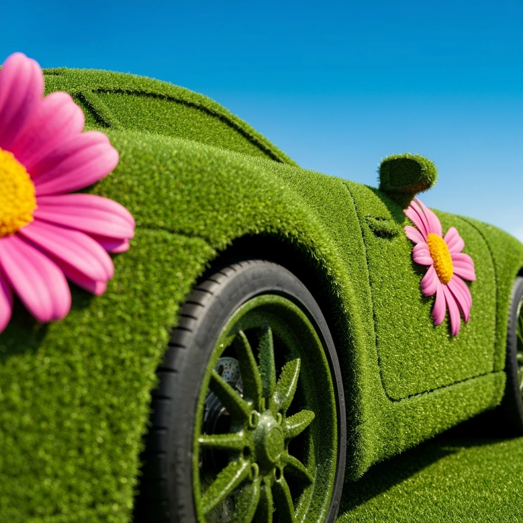 Closeup shot of a porsche 911, body of car made of grass and big colorfull flowers, green hill grass, blue clear sky, dutch angle, captured by ARRI 65 emoji