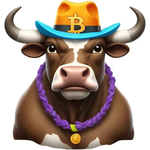 Bull ready to charge wearing bitcoin hat emoji