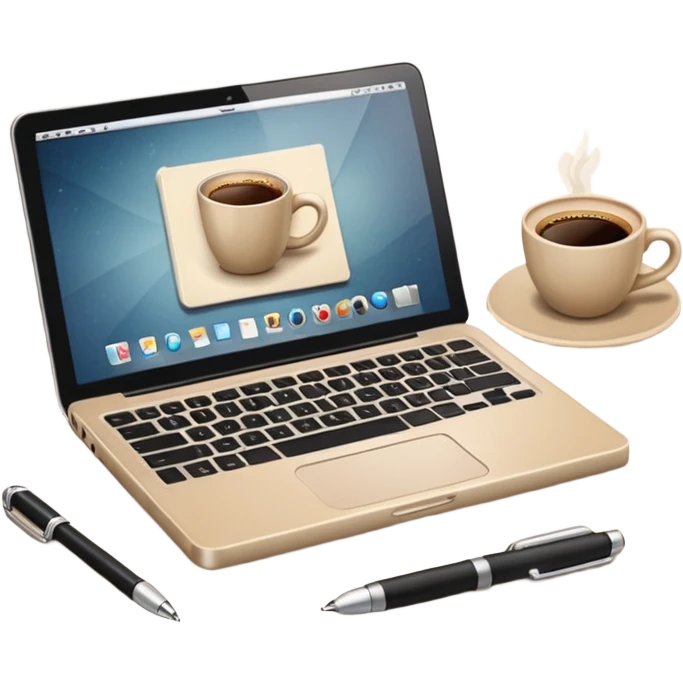 Laptop on the beige table, coffee and notebook emoji