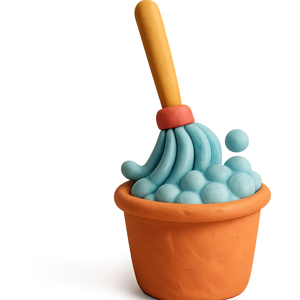 mop inside a bucket with soapy bubbles, playful arrangement, pastel palette, claymation style emoji