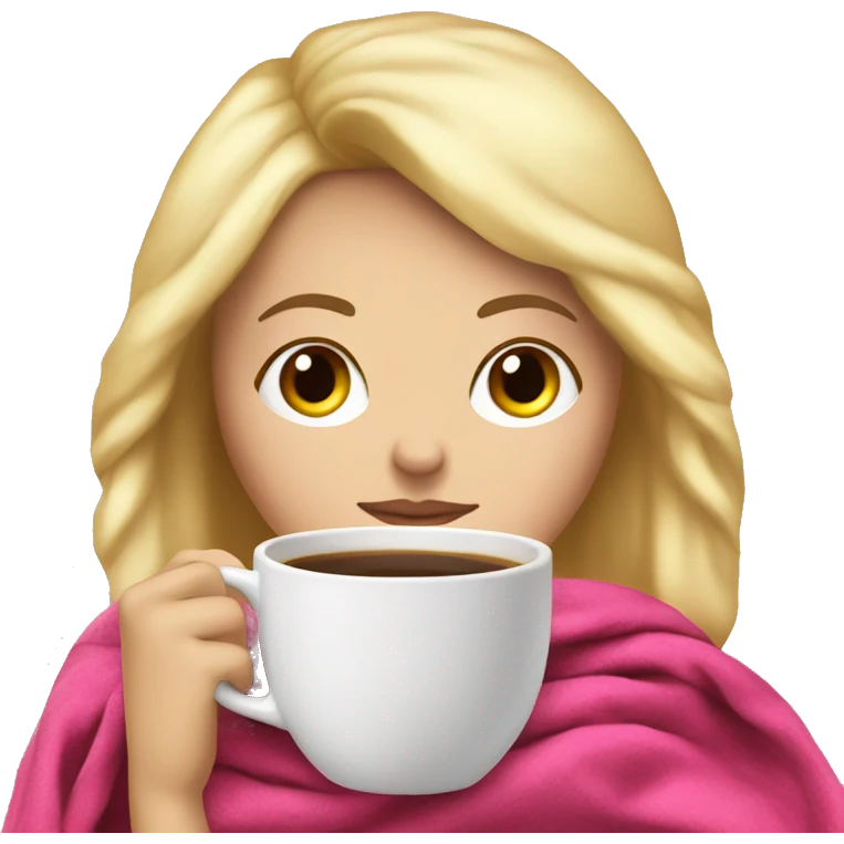White Girl with blonde hair sipping coffee with eyes closed and pink blanket around head emoji