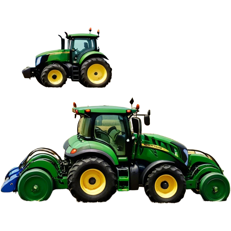 Baler – New Holland Roll-Belt 560 (2018) – Cinematic-realistic John Deere 6155M tractor towing a New Holland Roll-Belt 560 baler, its deep green body contrasting with the bright blue baler. The massive machine moves steadily through golden fields, compressing freshly cut hay into tight round bales, while dust swirls under the blazing afternoon sun. emoji