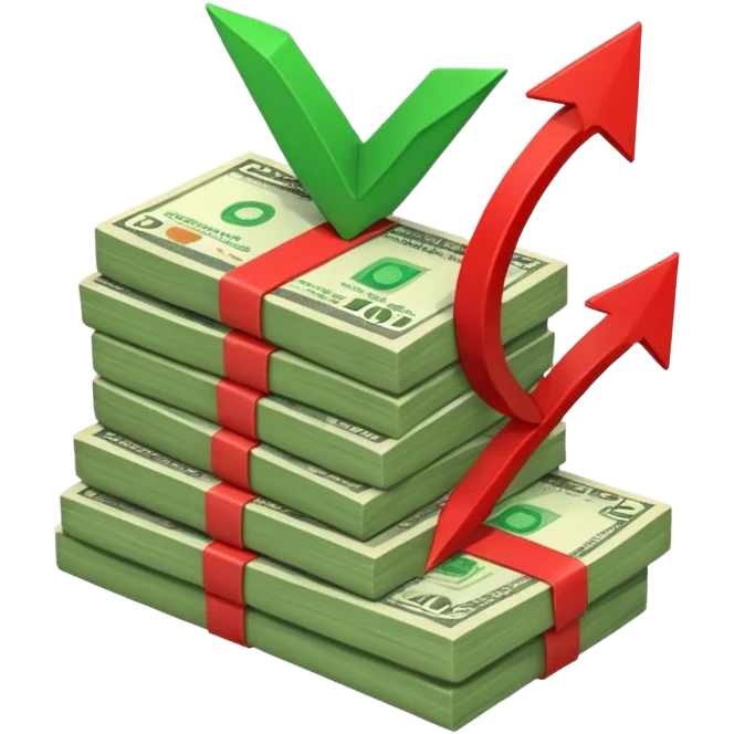 stack of banknotes with a red arrow pointing from down emoji