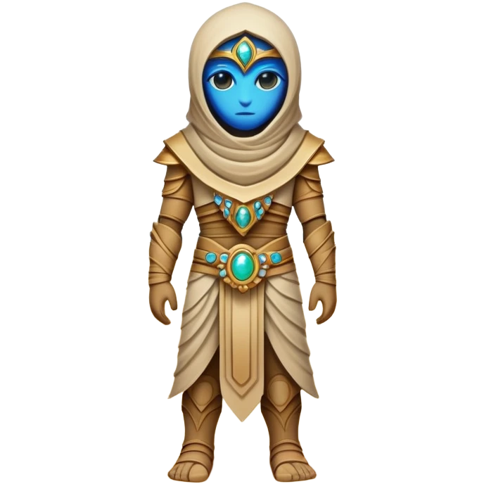 A guardian made of interlocking dunes that forms temporary bodies from compressed sand, adorned with gemstone eyes that change color to warn of approaching sandstorms or oasis locations. full body emoji
