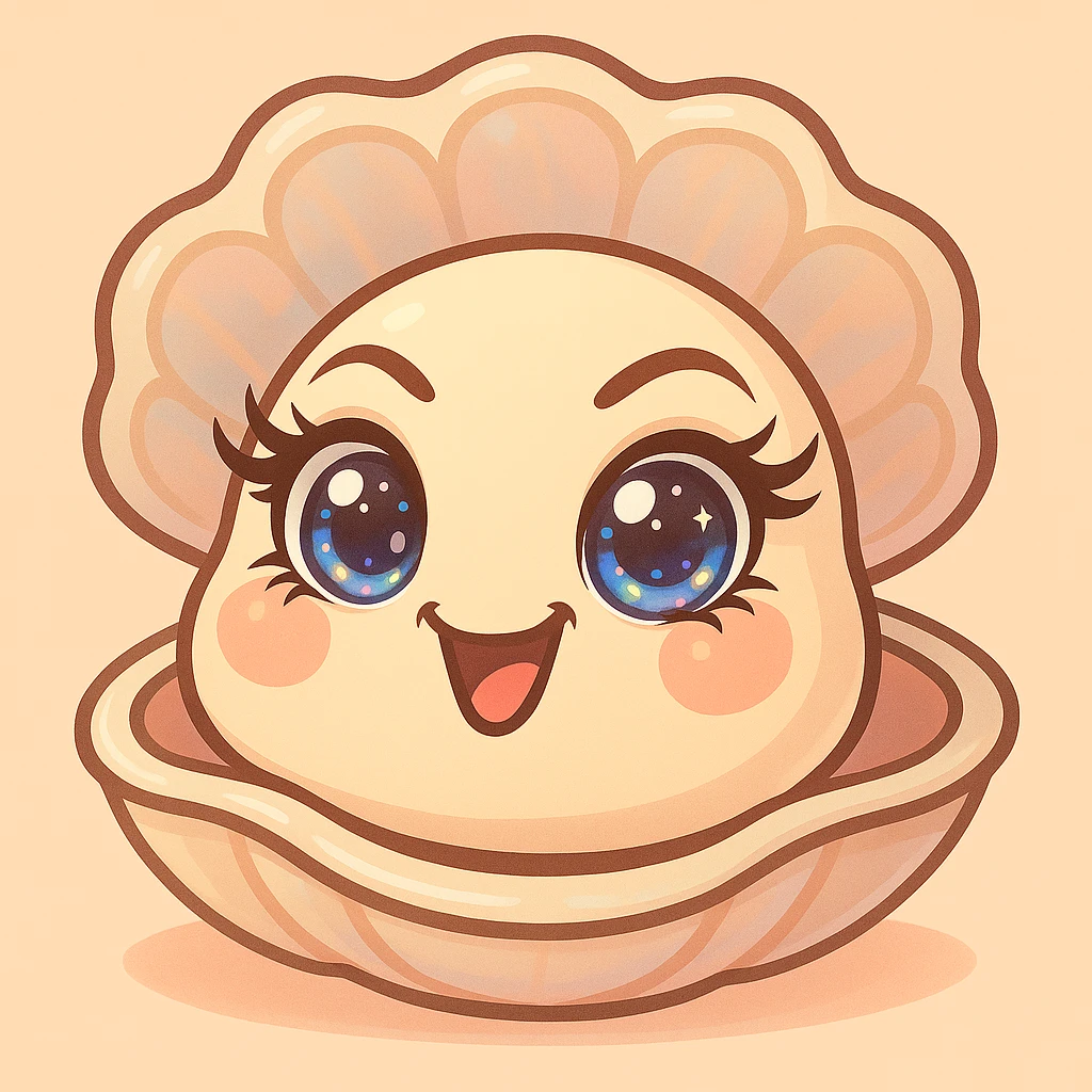 Create a version with even more expressive and luminous eyes, elegant eyelashes, and enhanced pastel, pearly, cream, peach, and greige shades. Keep the large shell, the small oyster, the pastel toon style, the background, and the mischievous expression as in the reference image. emoji