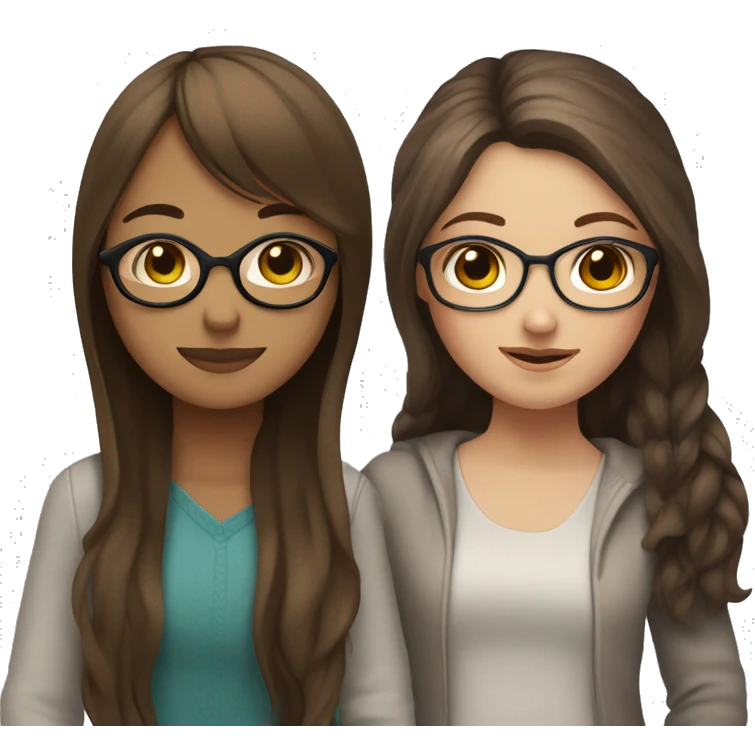 white girl with glasses and  long straight brown hair and bangs that’s hugging brown girl with long curly dark brown hair with no glasses emoji