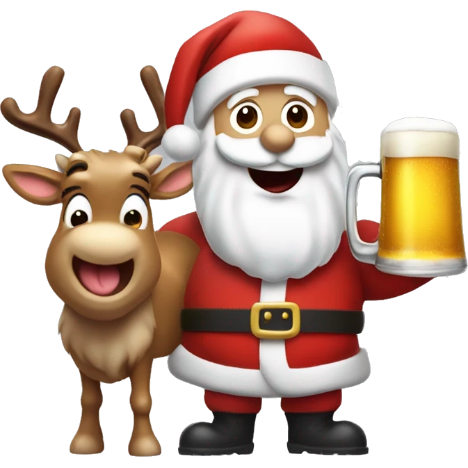 Excited  Santa's white skin face sticking out tongue and rudolph holding beers with sled emoji