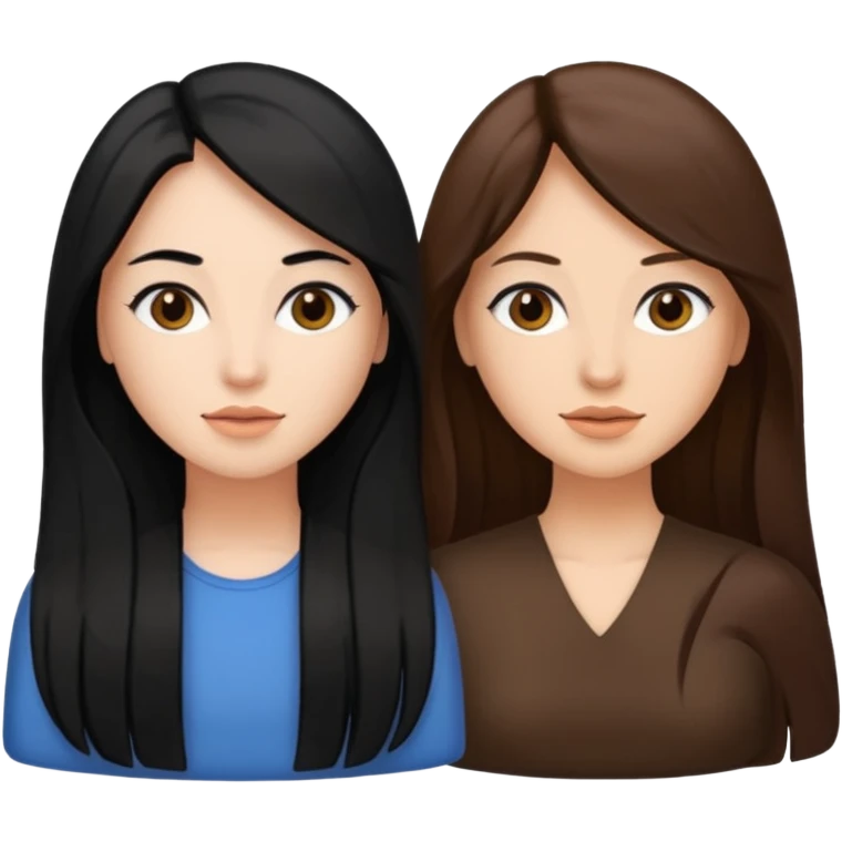 Dos mujeres juntas que una sea de color trigueña y de color blanca, cabello largo negro sea la de piel blanca y la de piel trigueña tenga color de cabello castaño emoji