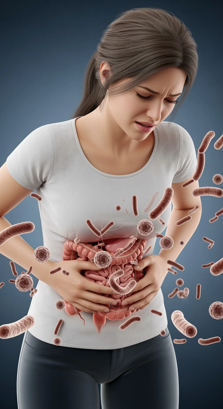 DONNA CON MAL DI PANCIA E INTESTINO UMANO ANATOMICO VISIBILE, BATTERI INTESTINALI FLUTTUANO INTORNO, IPERREALISTICO 4K emoji