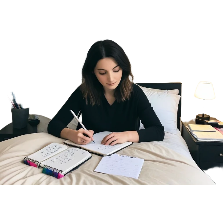 A person stands in a slightly messy room, mid-action—one hand writing a brain dump, the other smoothing out a freshly made bed. Three glowing notes are pinned nearby, marking their top priorities. A planner asks, “How can I make this easier?” Their face shows focus—not stress—activated emoji