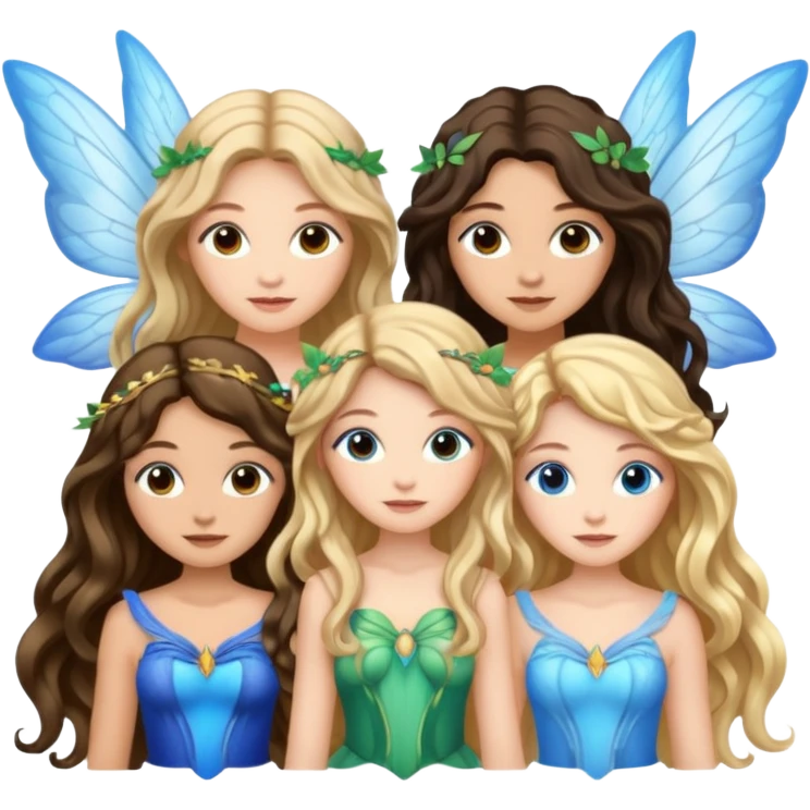 Three women as pretty fairies with wings, brown eyed light skin with dark blonde long hair and Brown eyed light skin black long wavy hair and blue eyed light skin long blonde hair emoji