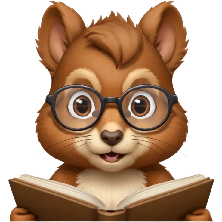 a squirrel with glasses reading a book, with raised eyebrows and a surprised thoughtful look emoji
