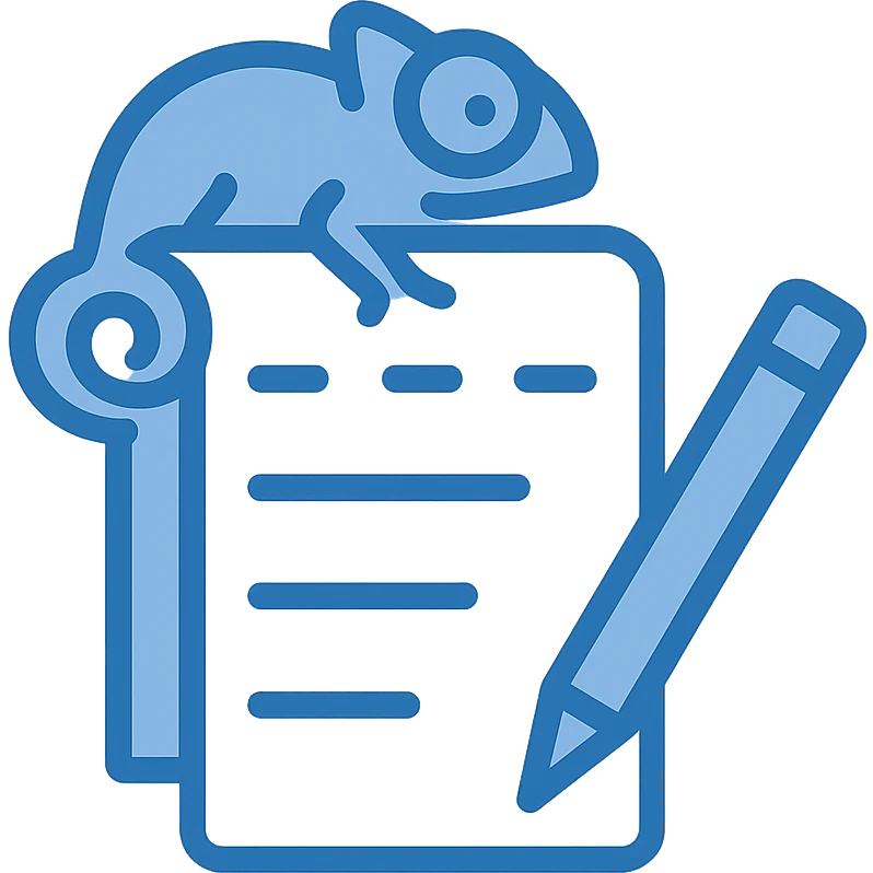 Reimagine the Notepad++ icon in a flat, modern blue style consistent with previous icons. Use almost exclusively shades of blue, with a fully transparent background. The icon should feature a notepad with a blue chameleon (stylized, simple) on top, and a blue pencil, all in clean, simple lines. Minimal use of other colors, prioritize clarity and consistency with the other icons. emoji