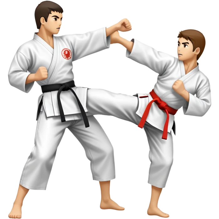 An icon symbolizing traditional Karate, featuring two opponents in a fierce battle. One fighter is delivering a high kick, while the other blocks the attack with a strong defense. The background reflects the calm yet intense atmosphere of a dojo, with traditional elements. Transparent background  emoji